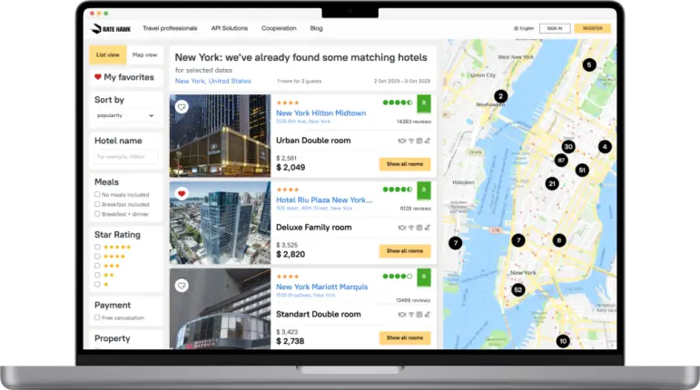 RateHawk marketing image showing its hotel booking interface on a laptop