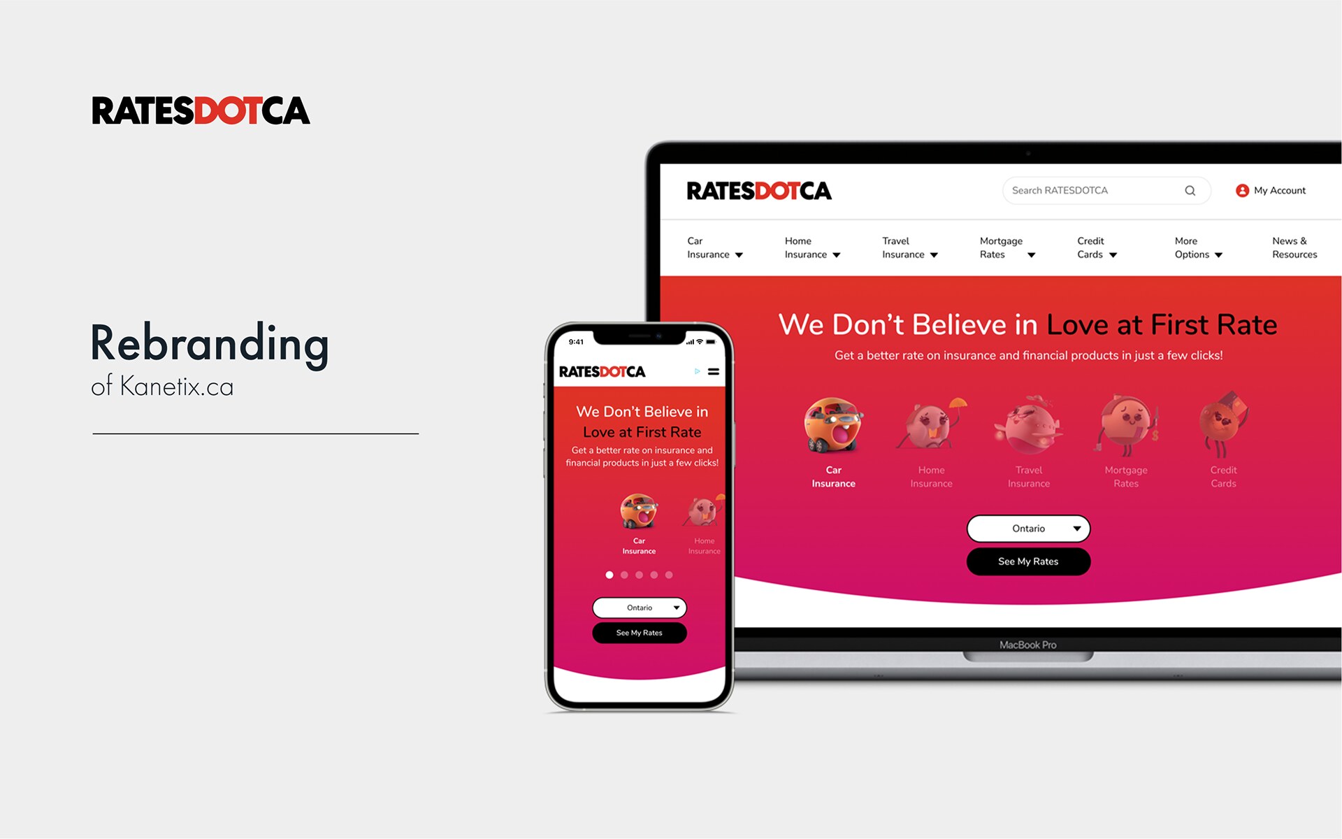 Rates.ca rebrand interface showing insurance, mortgage and credit card comparison options