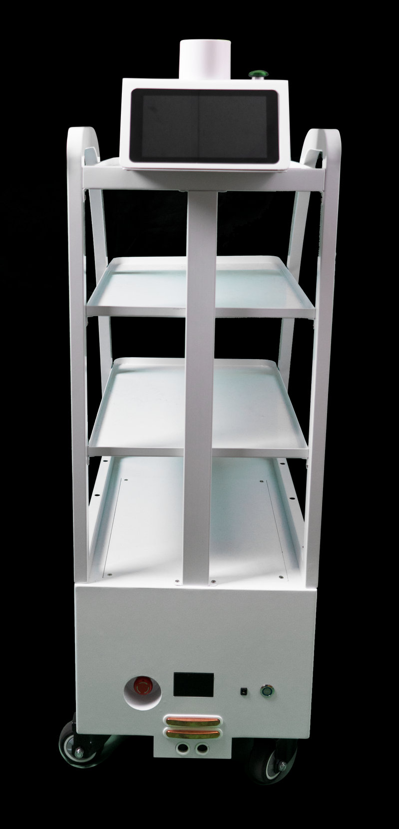 RAV-Bot delivery robot with a screen and four open shelves