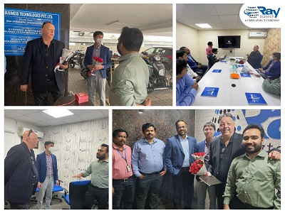 Collage of Toronto Global representatives meeting Ray Business Technologies staff in its Indian office