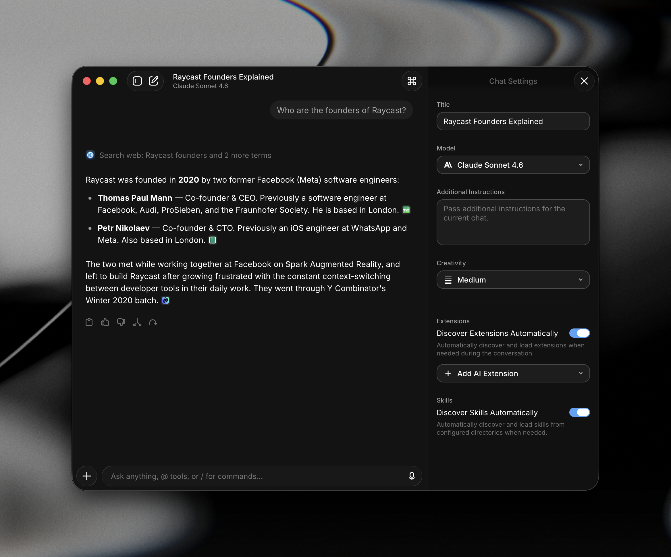 Raycast 2 AI Chat showing a conversation, model selector, and chat sidebar