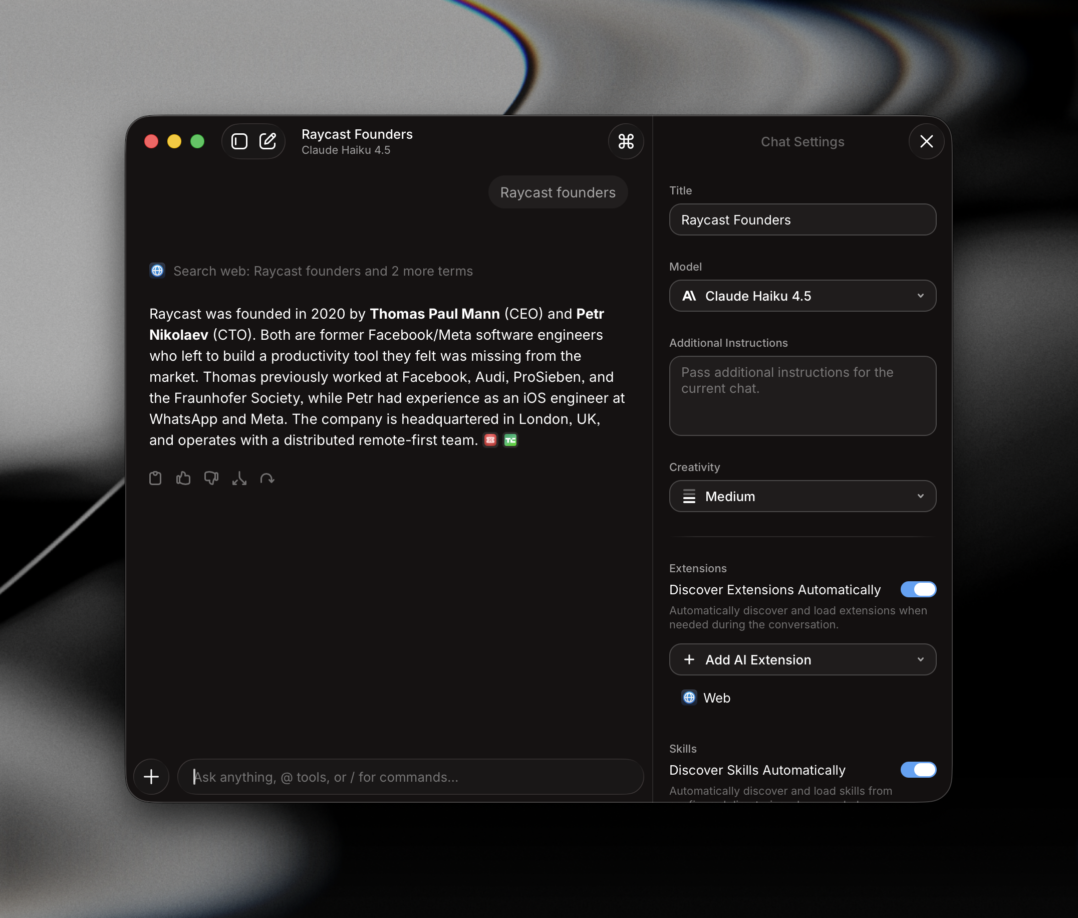 Raycast AI Chat on macOS using a Claude model