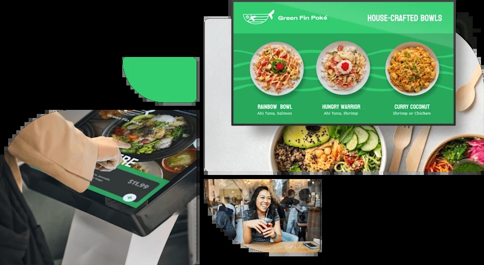 Displai promotional montage of a restaurant menu display and touchscreen ordering kiosk
