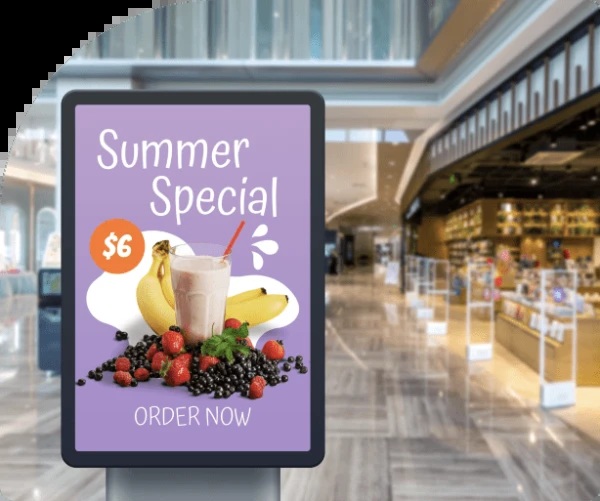 Promotional digital display showing a six-dollar summer drink special in a shopping-centre setting