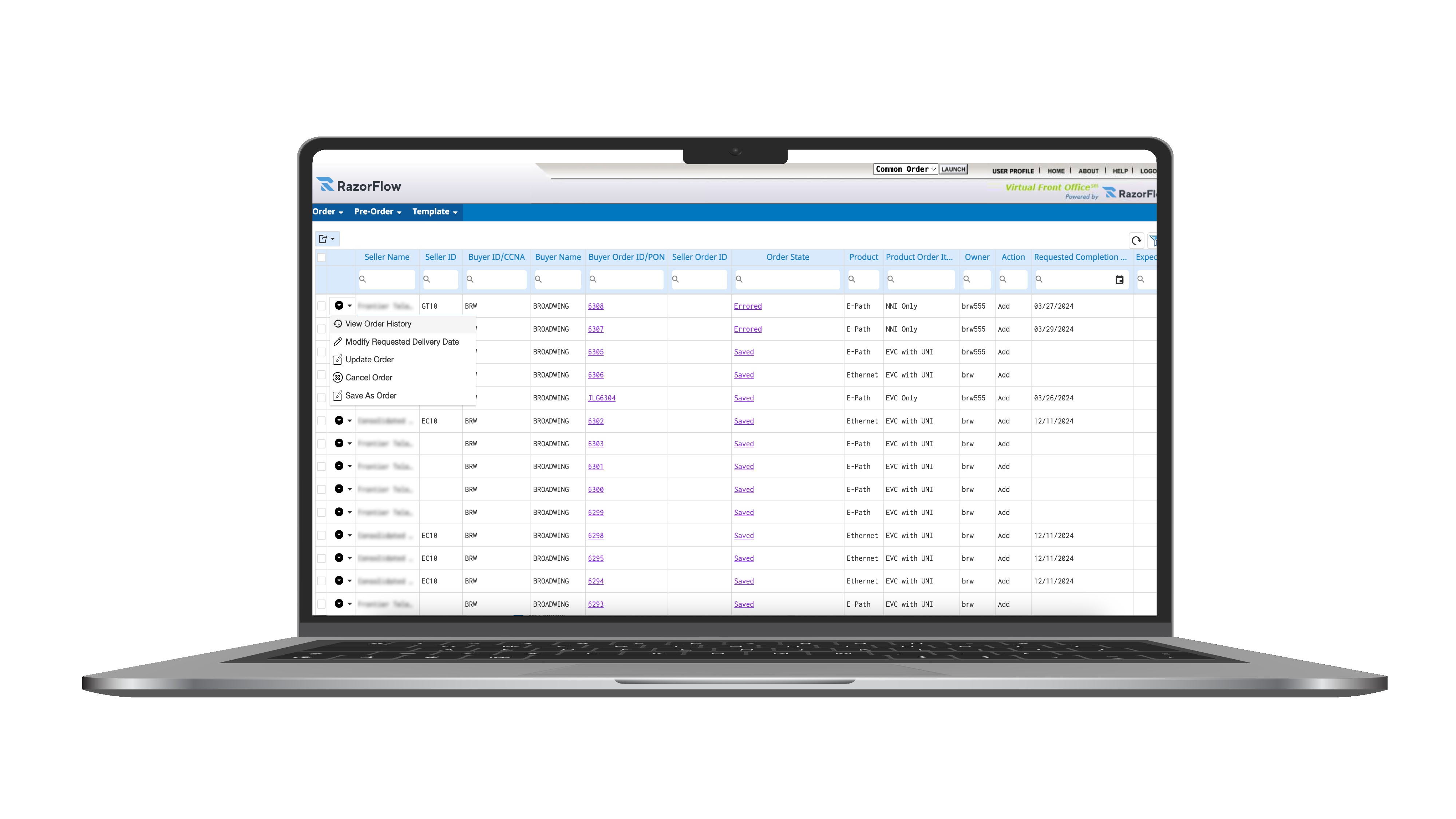 ConnectNX product interface showing supplier orders, order states and requested completion dates