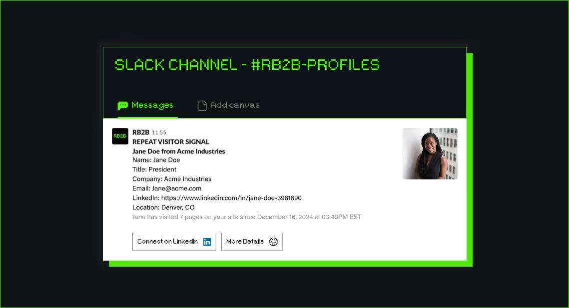 Official RB2B mockup showing a repeat visitor profile delivered to Slack