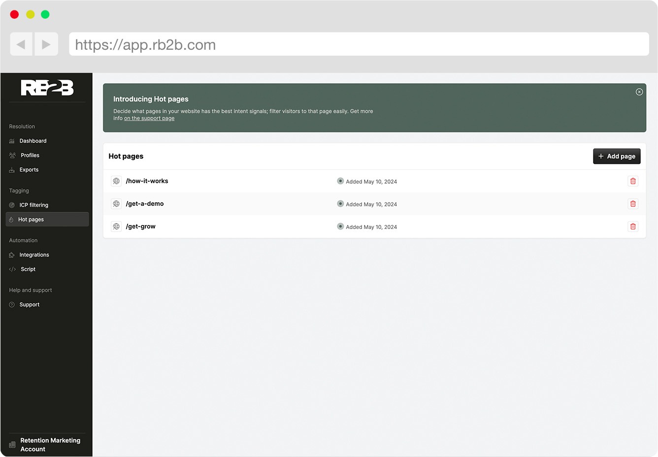 RB2B Hot Pages dashboard with three configured high-intent URLs