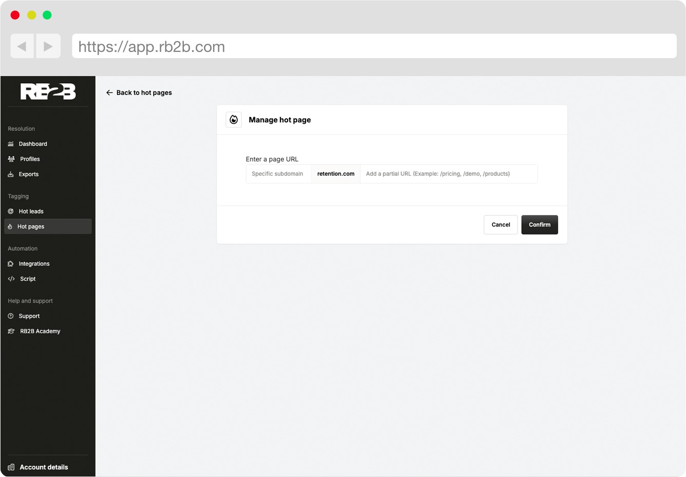 RB2B form for adding a high-intent Hot Page URL