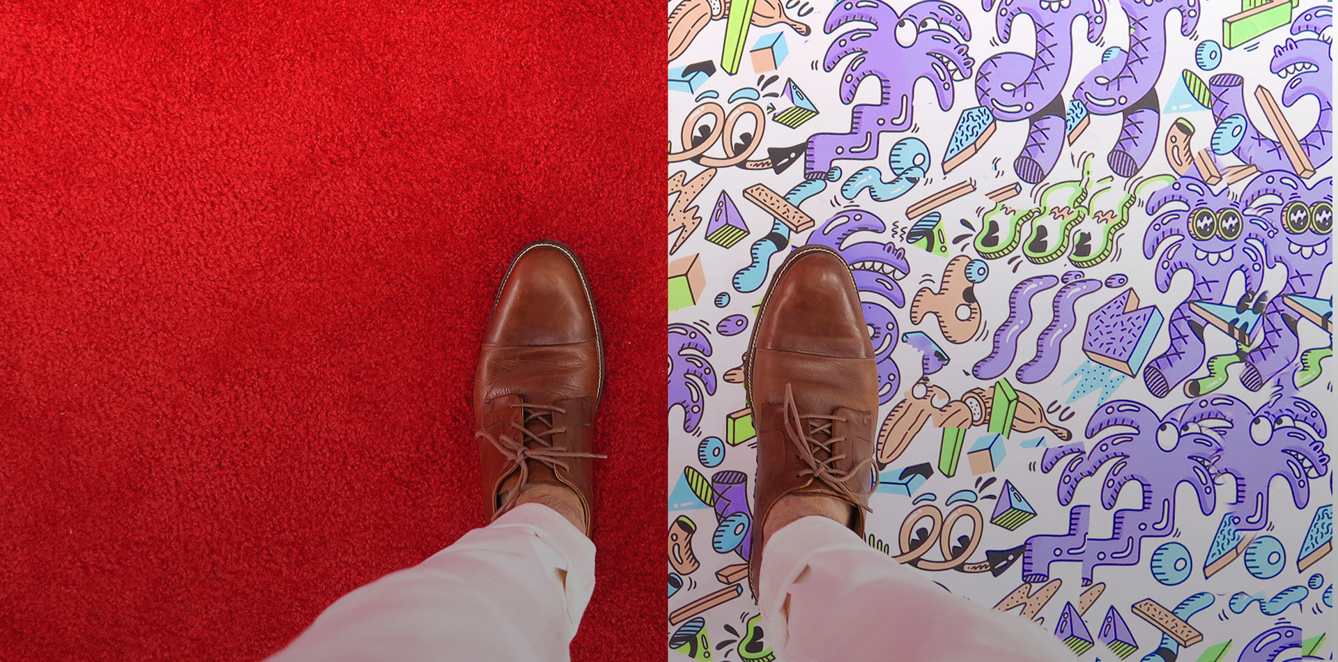 A pair of shoes standing between a red carpet and a colorful illustrated floor