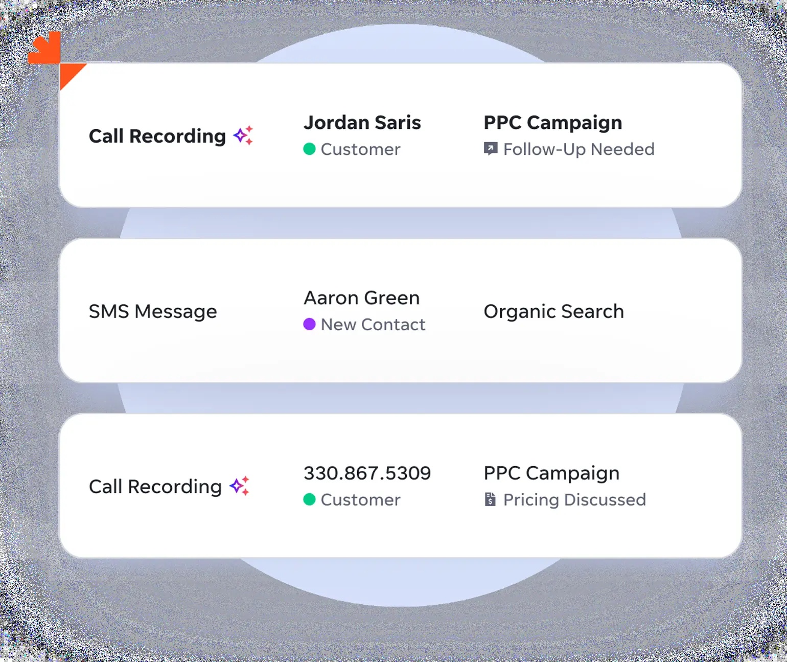 LocaliQ’s promotional Dash illustration showing call and SMS activity with follow-up labels and sample contacts