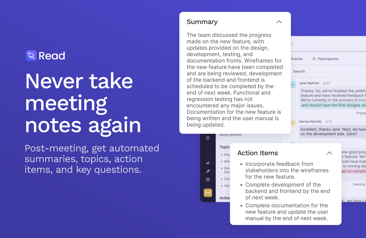 Read AI product screen showing an automatic meeting summary and action items