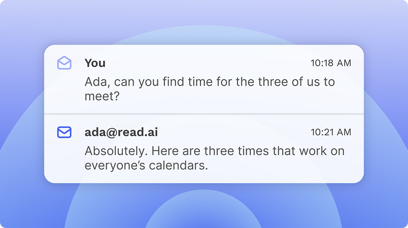Read AI Ada interface showing an email-based scheduling assistant