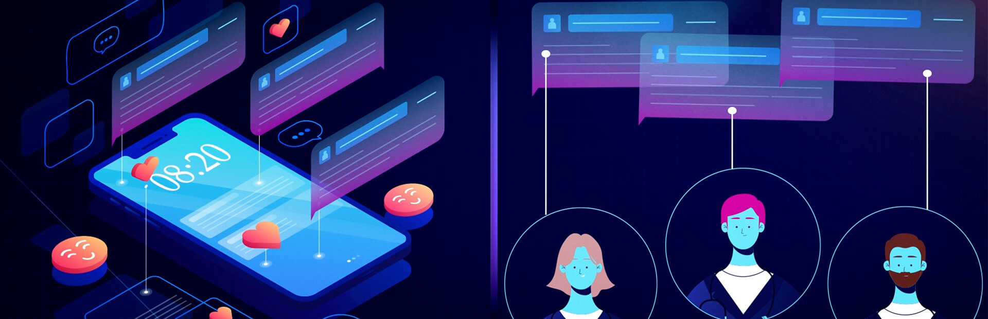 Abstract faces and message fragments from Real Chemistry's AI healthcare messaging case study