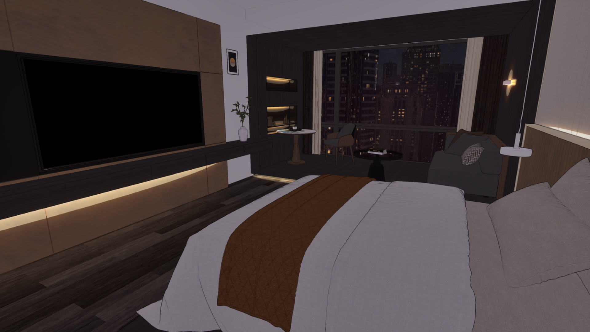 A bedroom interior after flatter comic shading and drawn-looking outlines