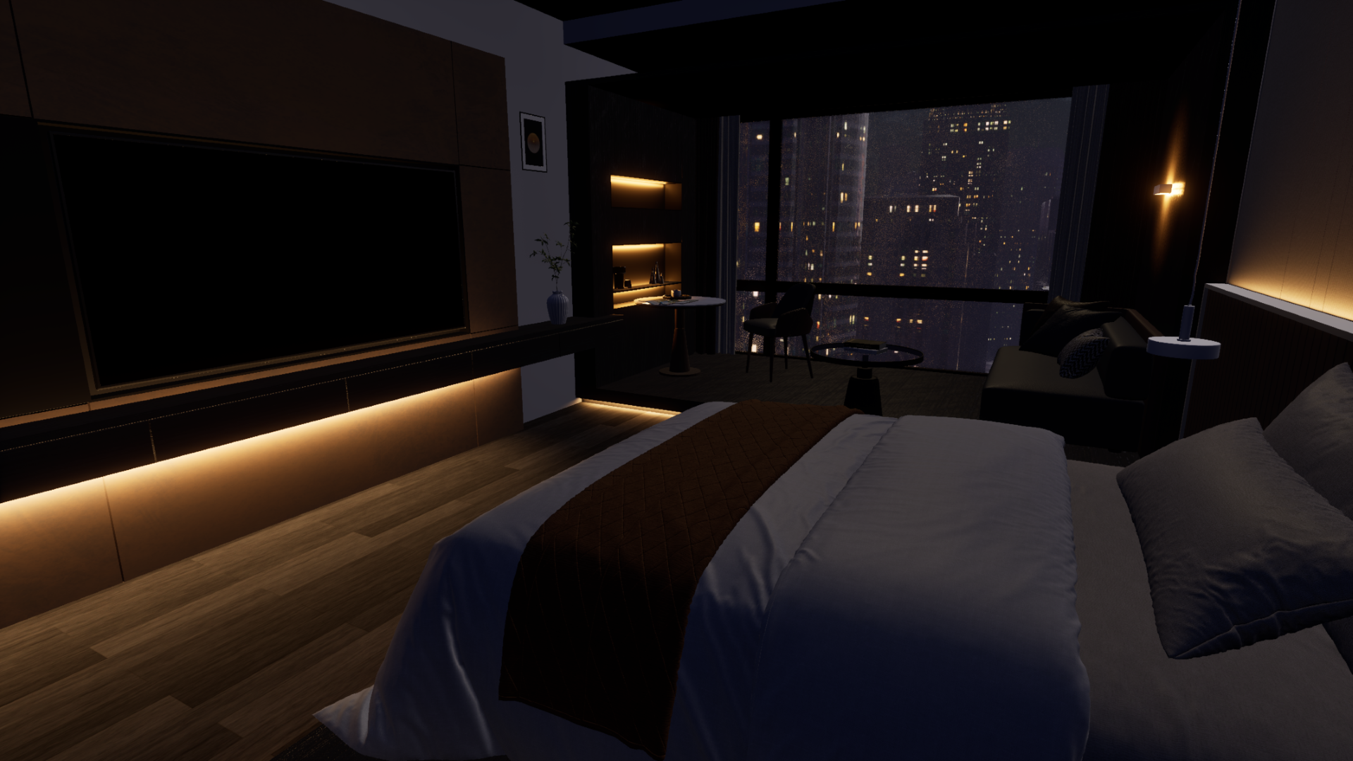 A bedroom interior rendered with cinematic lighting before webtoon shading