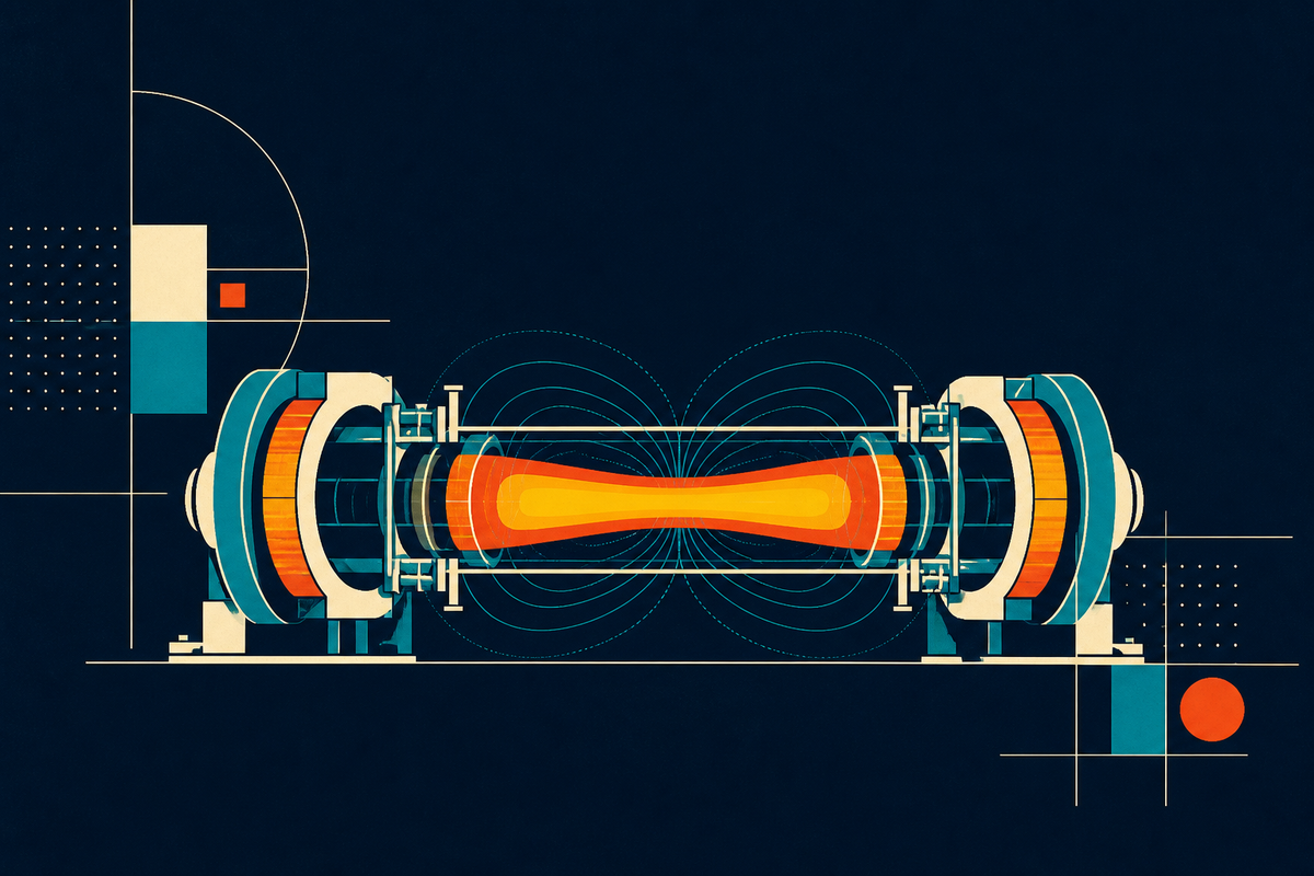 Swiss-style illustration of a linear magnetic-mirror fusion chamber with bright plasma between two teal and cream coil structures