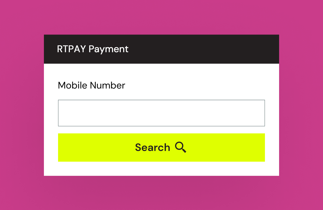 realtime RTPAY promotional interface showing the mobile number payment lookup