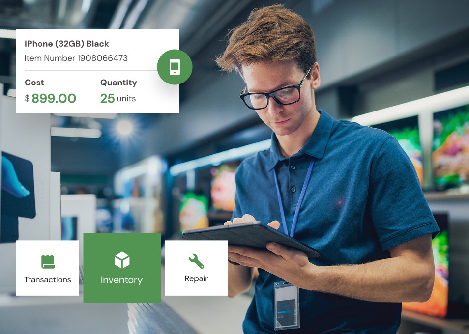 realtime promotional image showing a retail associate using a tablet, with transaction and inventory interface overlays