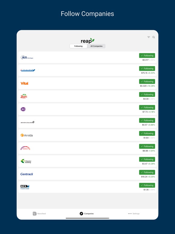 Reap mobile app screen showing a list of followed public companies