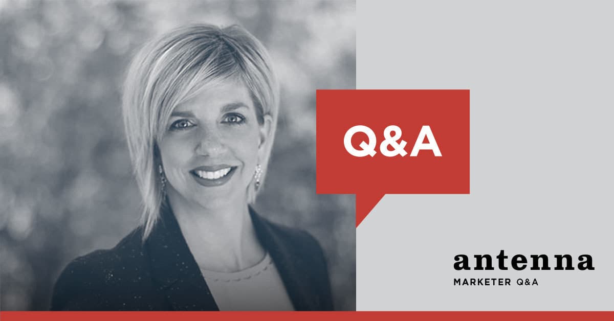 Black-and-white editorial portrait of Rebecca Martin beside an Antenna Marketer Q and A graphic