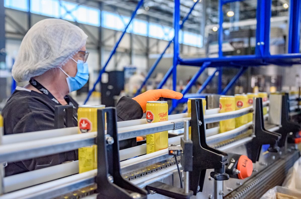 A worker in protective equipment checks canned products moving along a Canopy Growth production line