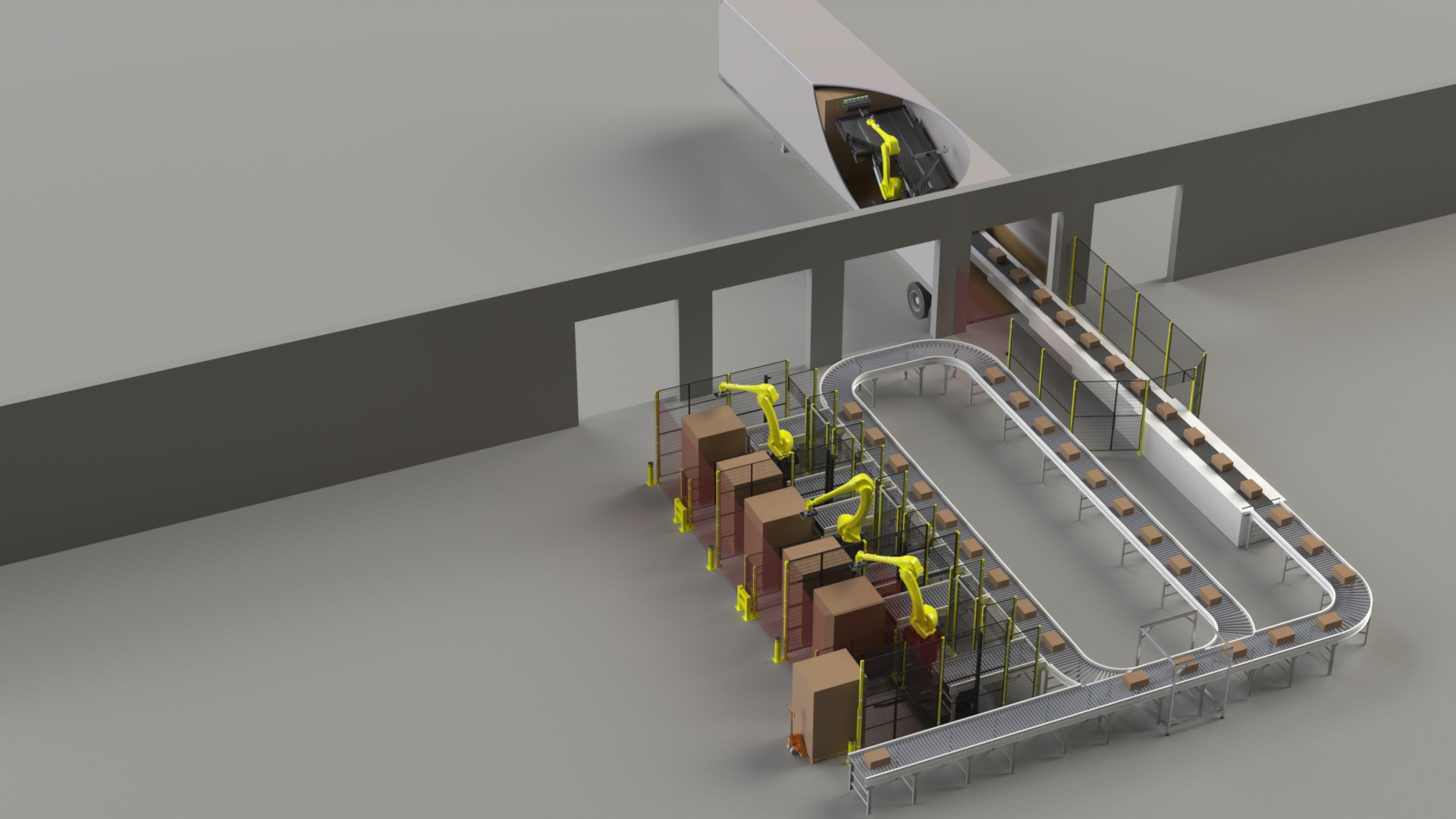 Rendering of AlphaOne Robotics equipment unloading boxes and routing them toward robotic palletizing stations