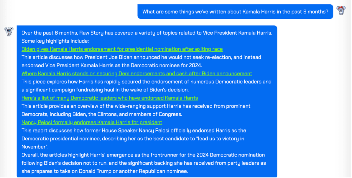 Historical Raw Story chatbot demonstration retrieving archive coverage and links about Kamala Harris