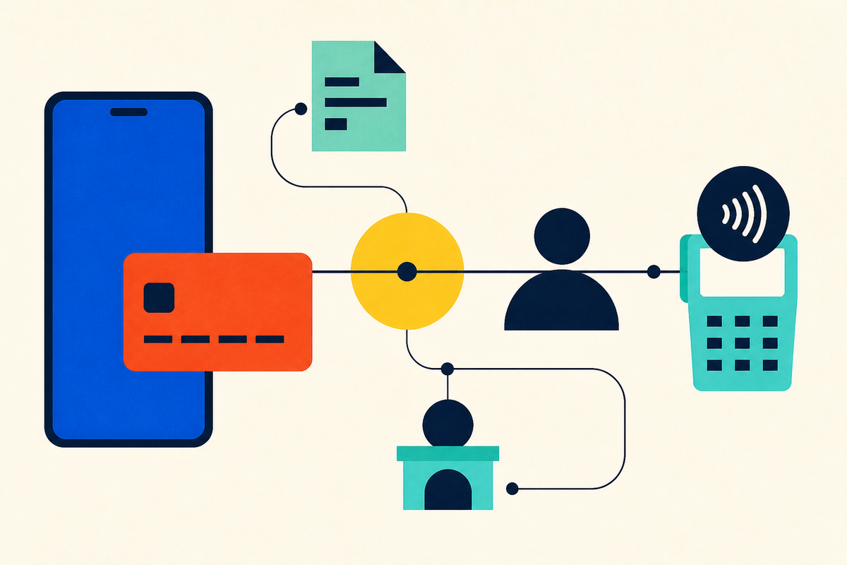 Abstract Swiss-style illustration connecting a smartphone, payment card, customer, bill and contactless terminal