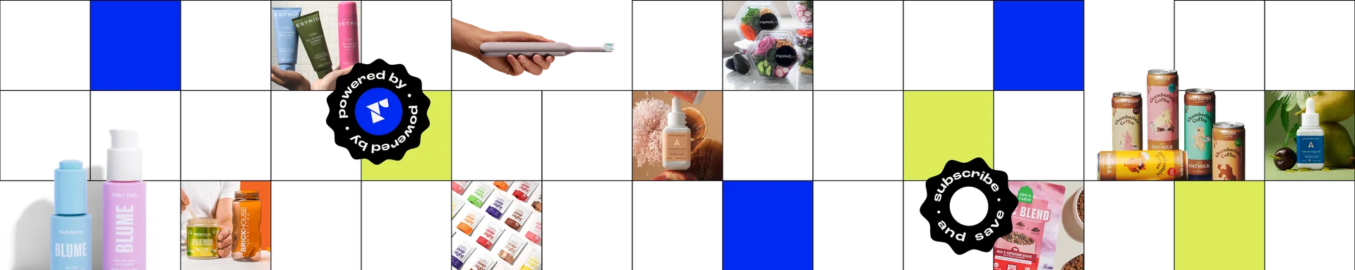 An assortment of skincare and wellness products featured by Recharge