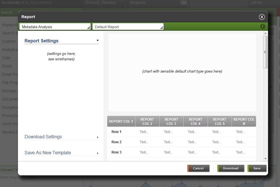 Historical Axcelerate Report Wizard mockup with report controls grouped in a left-hand column