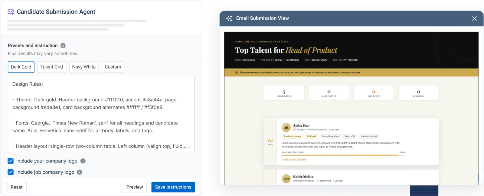 Recruit CRM candidate submission tool showing candidate details and client presentation options