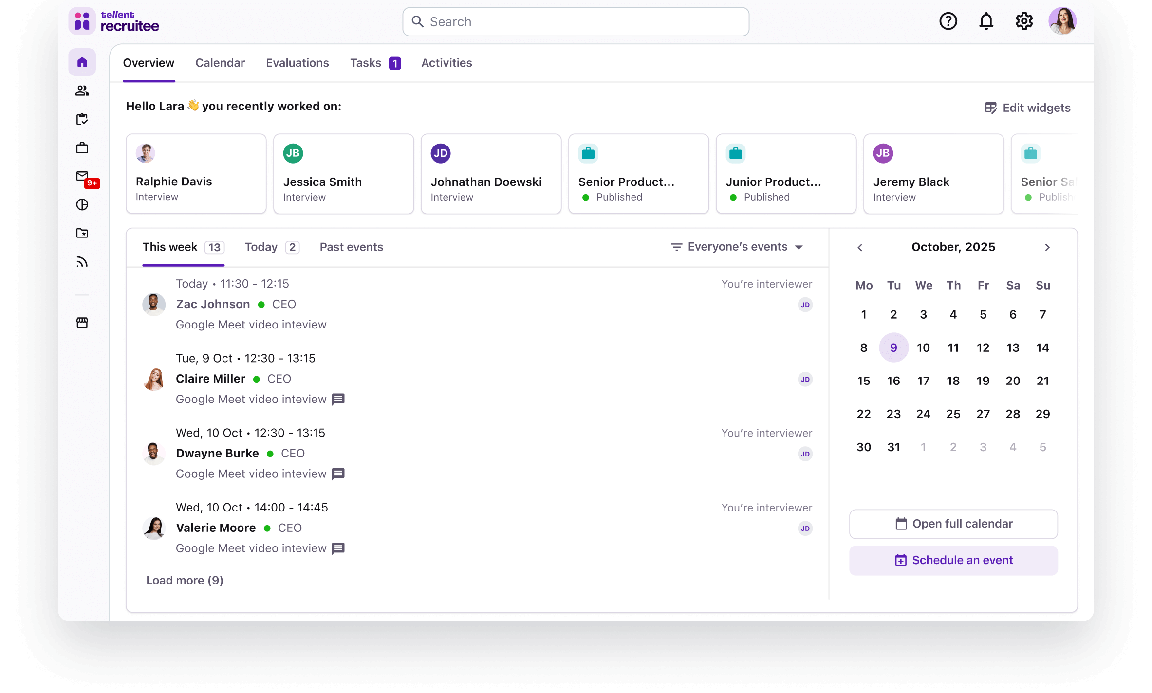 Official overview of the Tellent Recruitee hiring interface