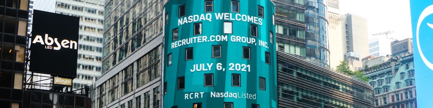 Recruiter.com Group’s name on the Nasdaq tower in Times Square in July 2021