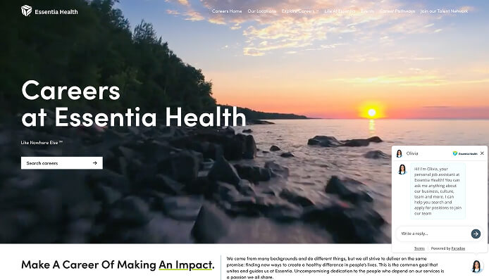 Paradox product showcase of the Essentia Health careers website