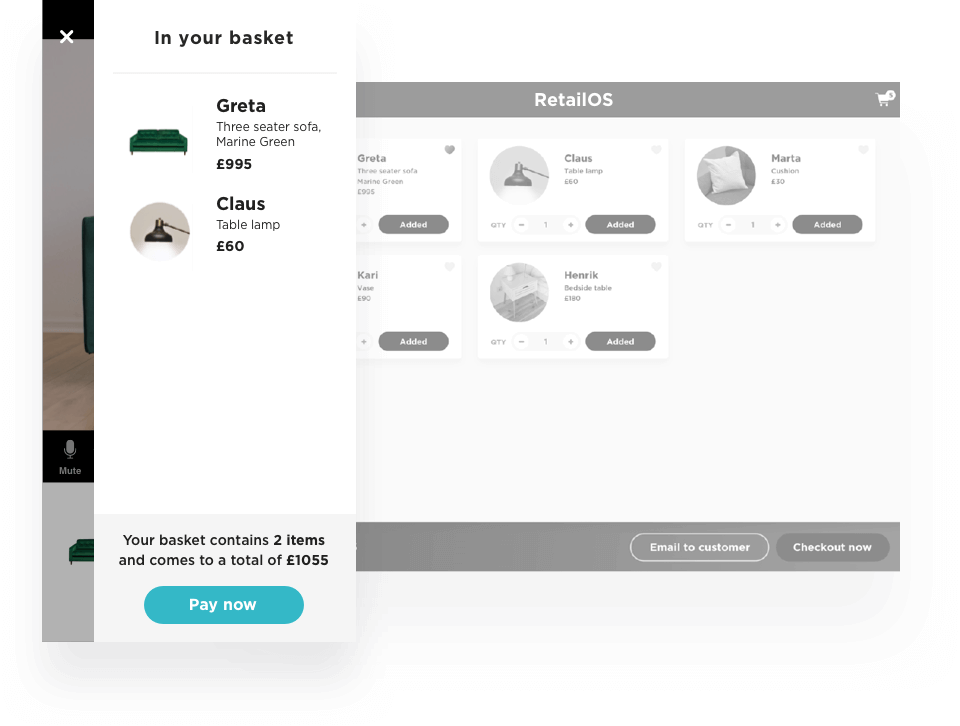RetailOS product interface illustrating a shared shopping basket and remote payment