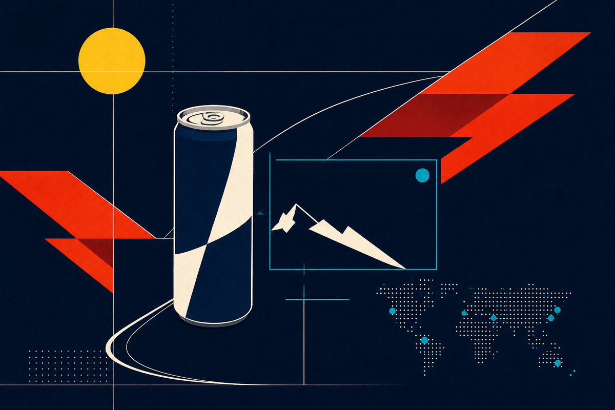 Abstract Swiss-style composition of a beverage can, racing lines, a media frame and global distribution dots