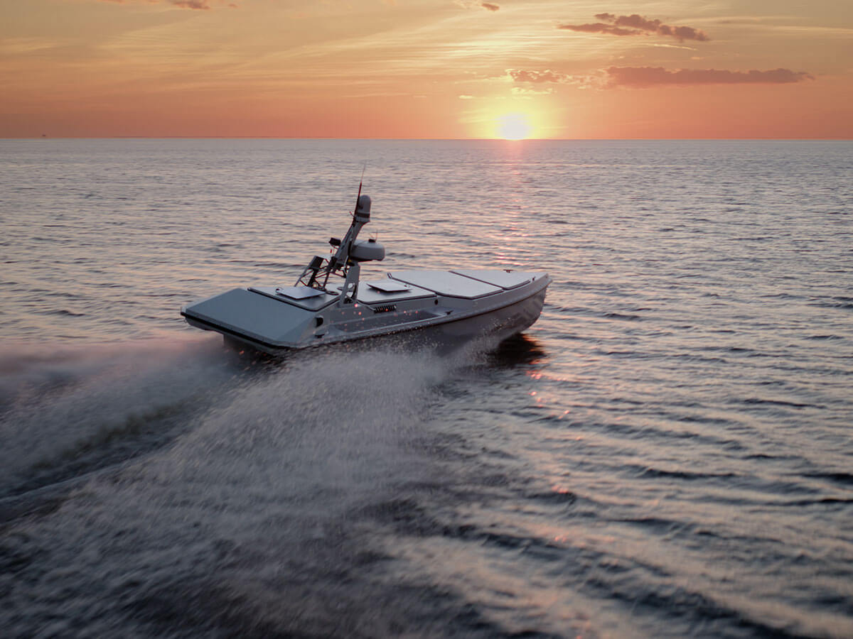 Blue Ops Variant 7 uncrewed surface vessel at sunset