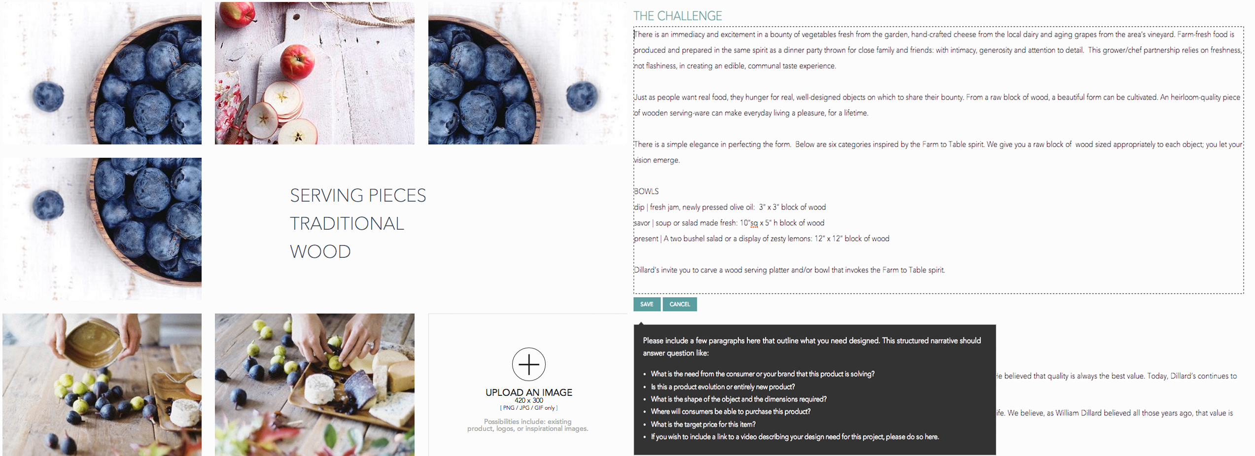 Red Clay’s archived Farm to Table brief showing inspiration photographs alongside questions about consumer need, dimensions and price
