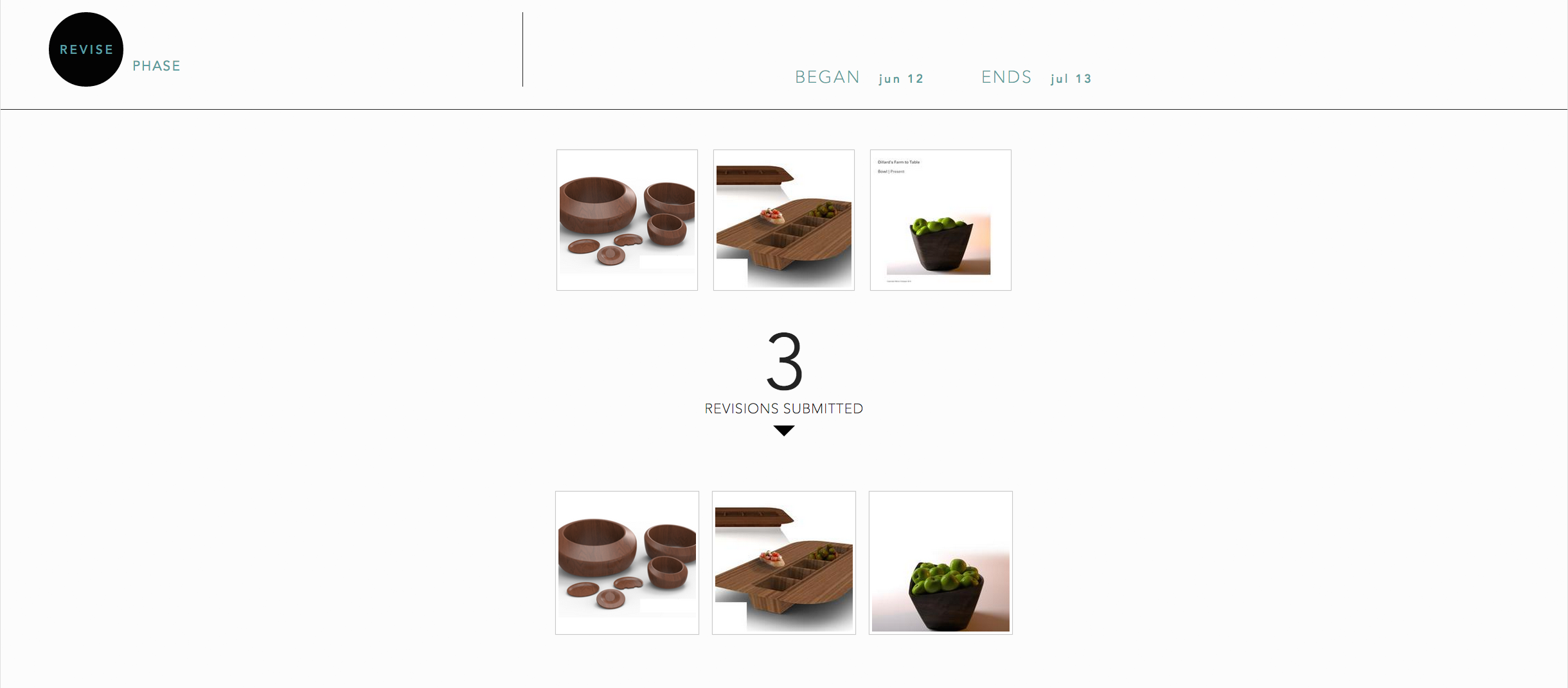 Archived Red Clay revision screen showing three submitted designs and their revised versions