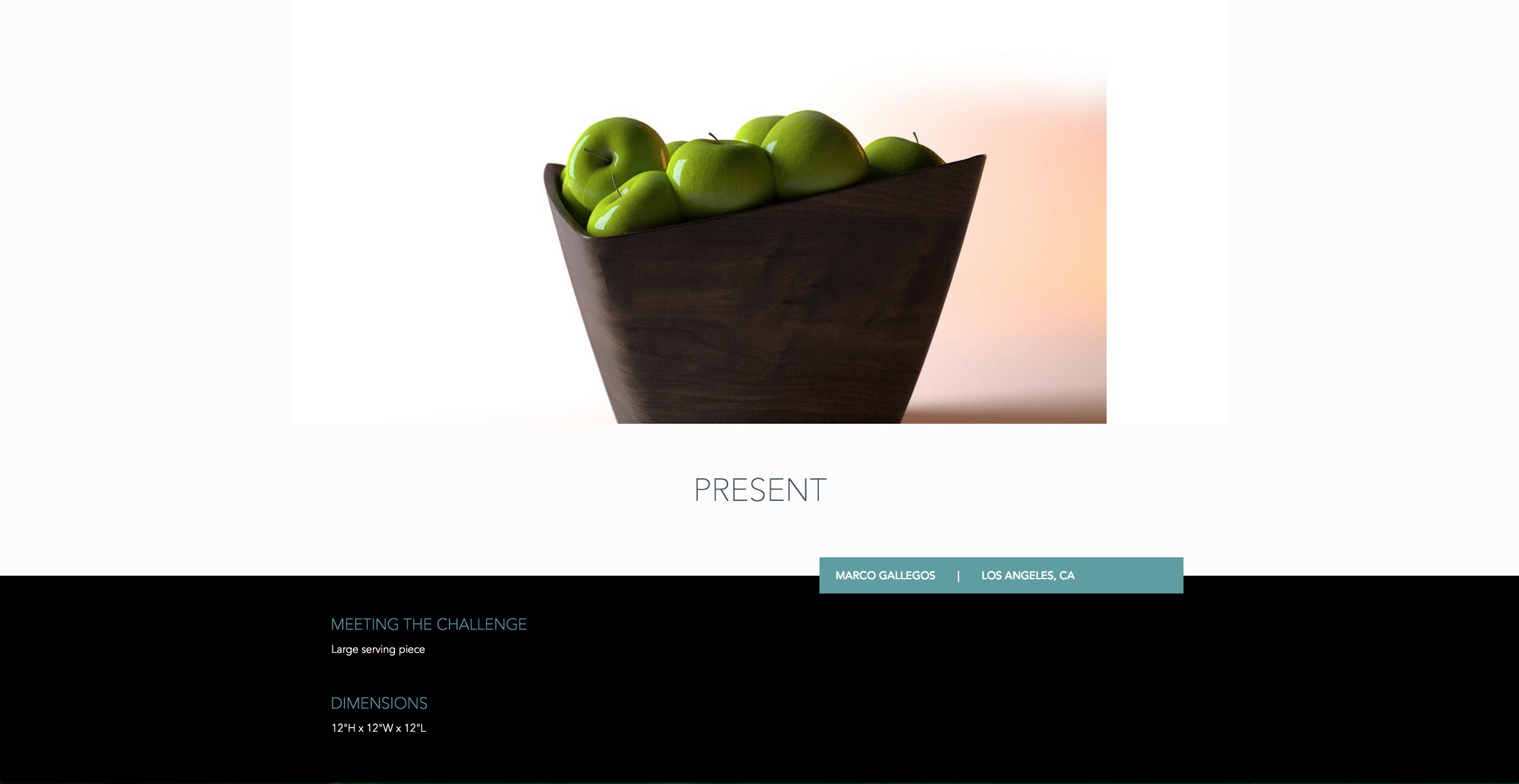 Archived Red Clay presentation showing Marco Gallegos’s wooden Present serving piece filled with green apples