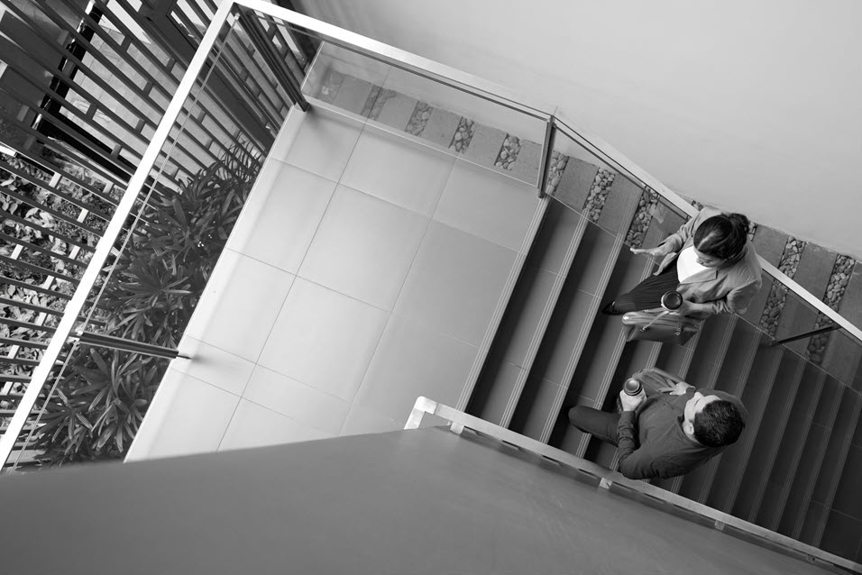 Two people holding cups in conversation on a staircase, in a company marketing photograph