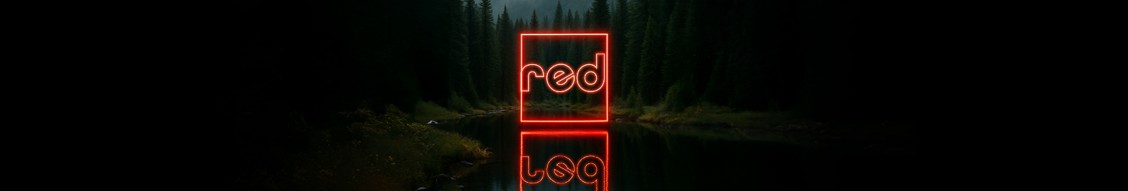 Red Letter Communications' red neon mark reflected in dark water and framed by a forest
