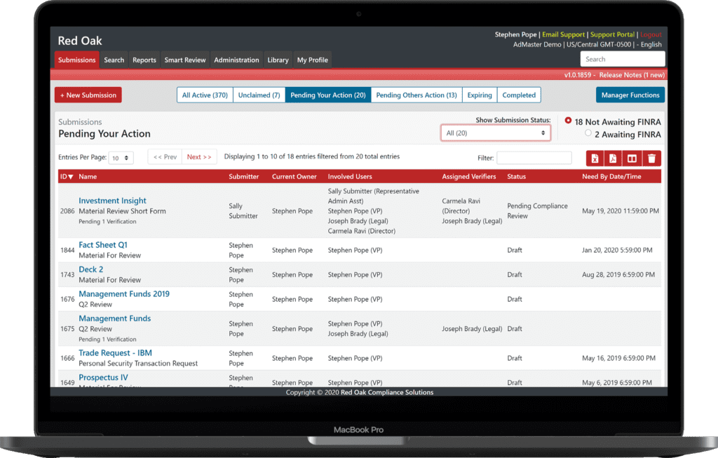 Red Oak compliance dashboard showing submissions awaiting action
