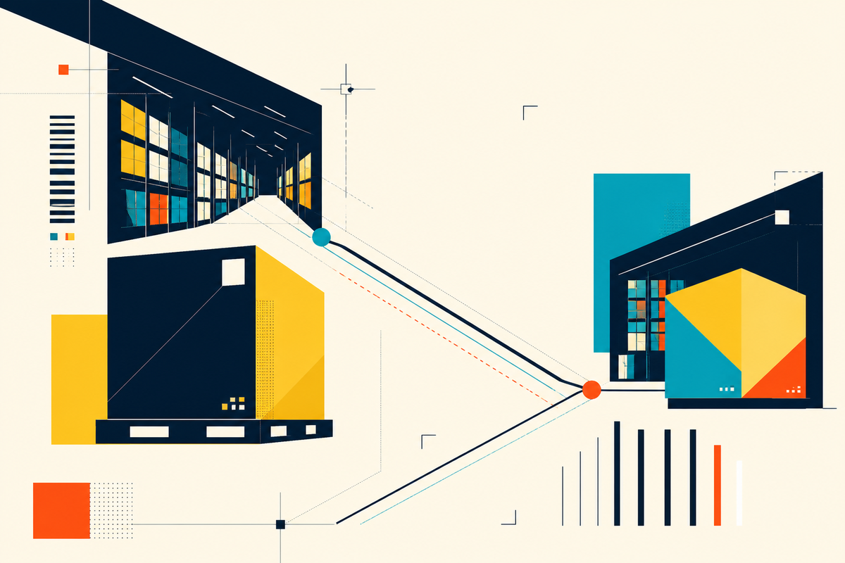 Abstract Swiss-style illustration of warehouse aisles, oversized parcels and a two-node delivery network