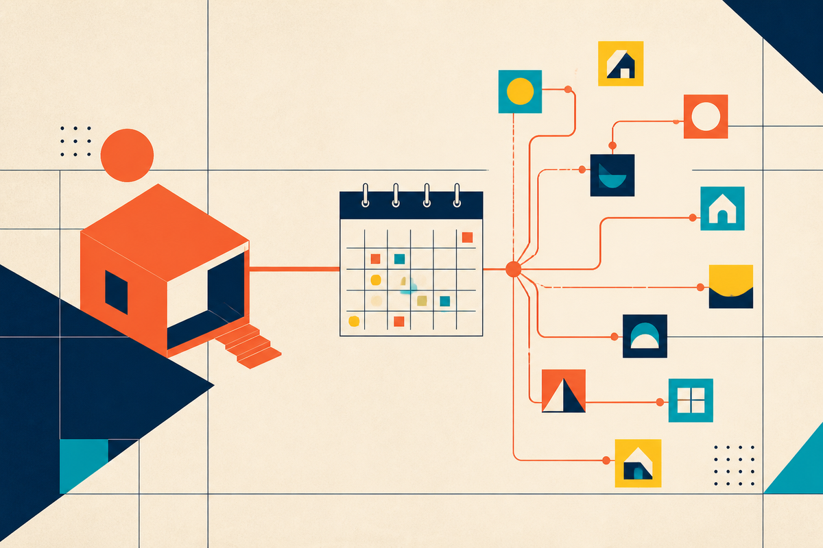 Abstract Swiss-style illustration of one vacation home and calendar connected to many booking channels