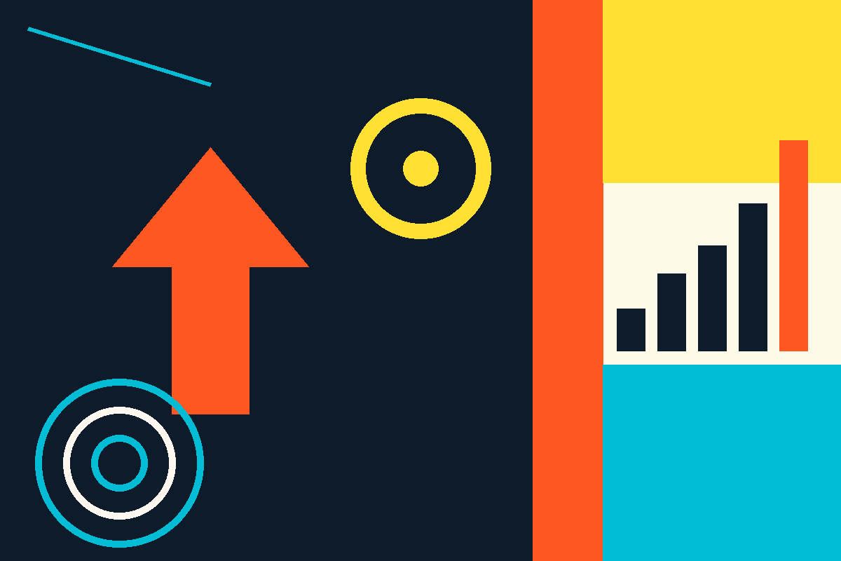 Swiss-style graphic of an upvote arrow, community rings, and a rising bar chart