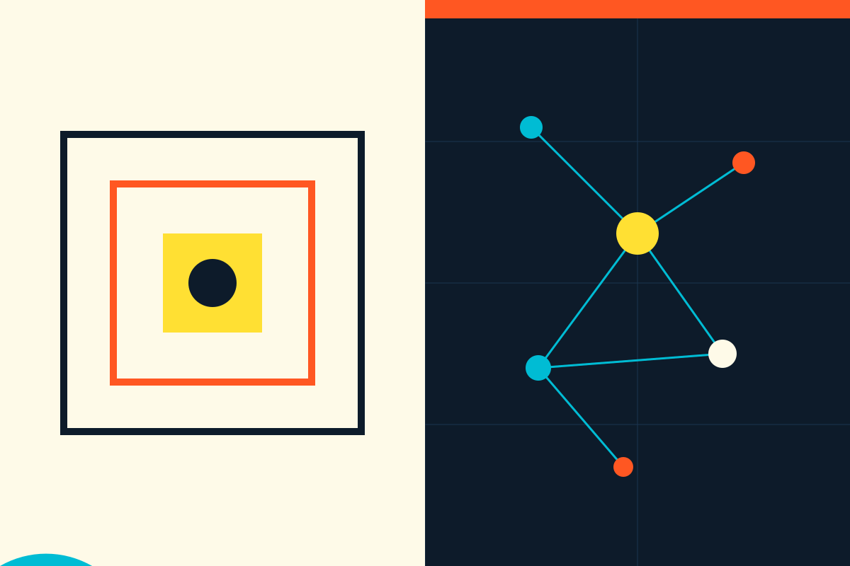 Swiss-style graphic: concentric squares beside a network of connected nodes