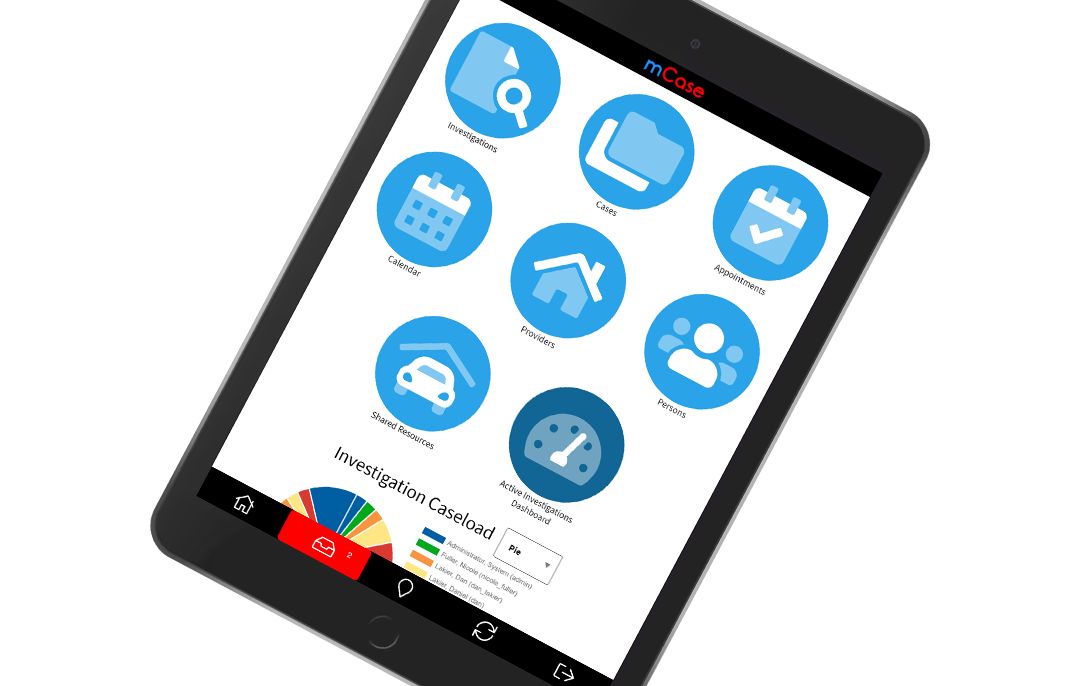 RedMane product illustration showing mCase investigations, cases, appointments, providers, and dashboard icons on a tablet