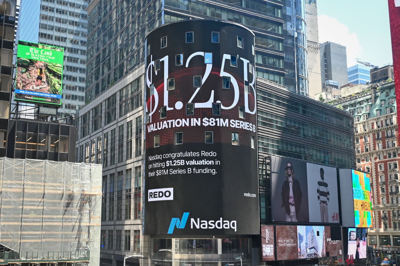 A Nasdaq billboard congratulating Redo on its reported $1.25 billion valuation and $81 million Series B
