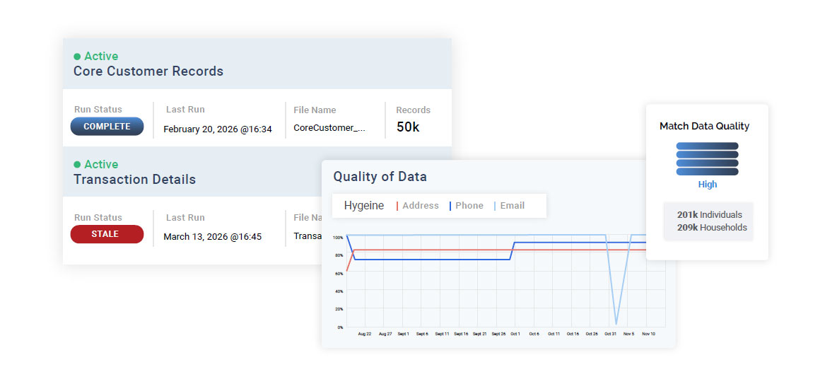 Redpoint interface showing core customer record status, transaction data quality and identity match quality
